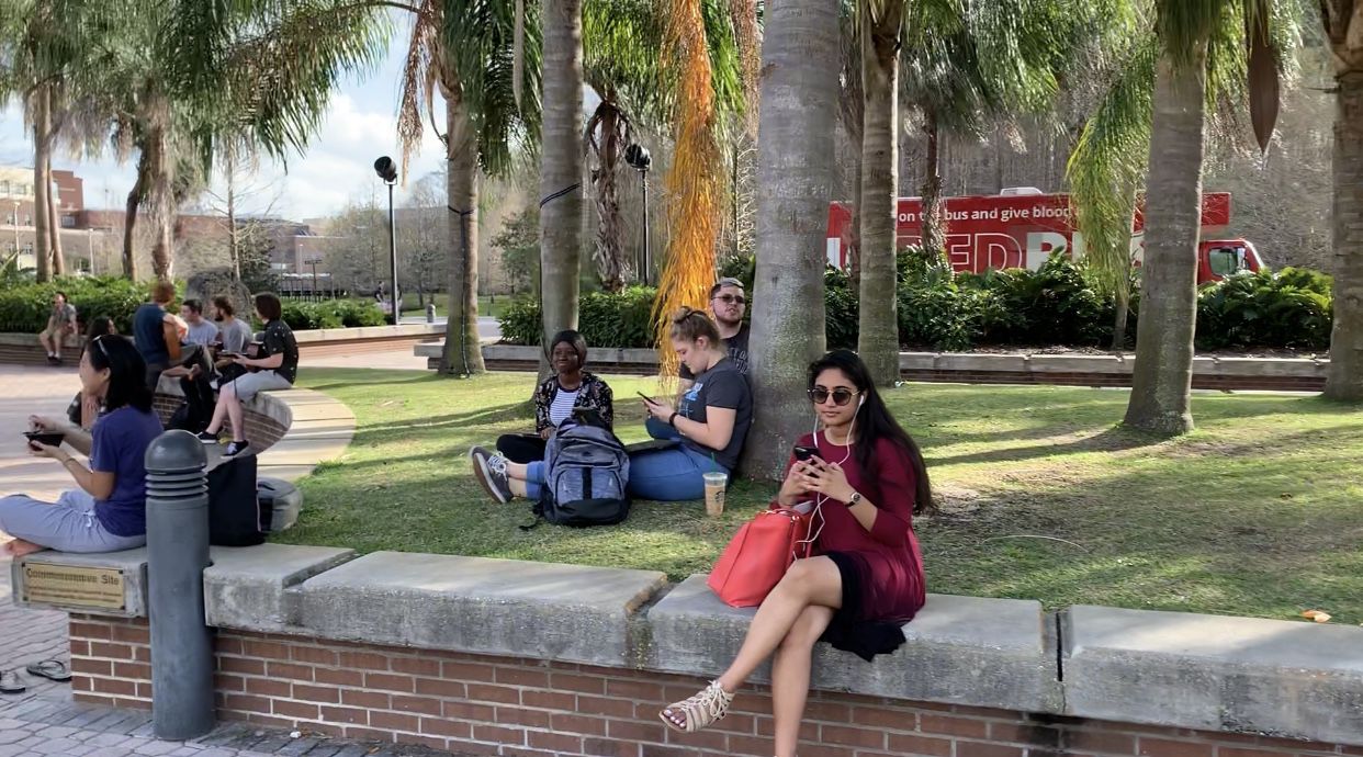Students outside at memory mall